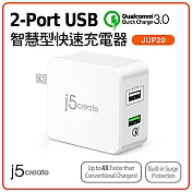 j5create 2-Port USB QC3.0智慧30W快速充電器-JUP20