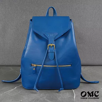 【OMC】義大利植鞣革抽繩拉鍊後背包- 藍色