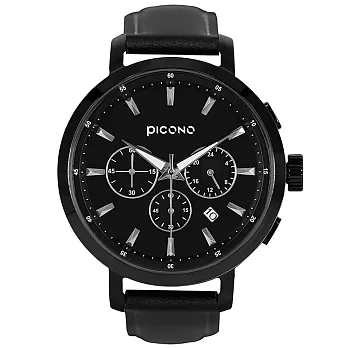 PICONO D-Time 真三眼多功能系列真皮錶帶手錶 DT-9202 黑色
