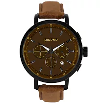 PICONO D-Time 真三眼多功能系列真皮錶帶手錶 DT-9203 棕色