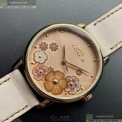 COACH蔻馳精品錶,編號：CH00003,36mm圓形金色精鋼錶殼淺紅色錶盤真皮皮革米白色錶帶