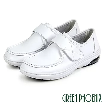 【GREEN PHOENIX】女 護士鞋 休閒鞋 全真皮 魔鬼氈 沾黏式 平底 氣墊 台灣製 EU39 白色