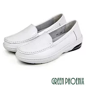 【GREEN PHOENIX】女 護士鞋 休閒鞋 全真皮 直套式 平底 氣墊 台灣製 EU36 白色