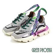 【GREEN PHOENIX】女 休閒鞋 國際精品 字母 撞色 織帶 日本小羊皮 厚底 EU35 粉紅色