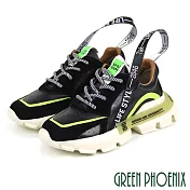 【GREEN PHOENIX】女 休閒鞋 國際精品 字母 撞色 織帶 日本小羊皮 厚底 EU36 黑色