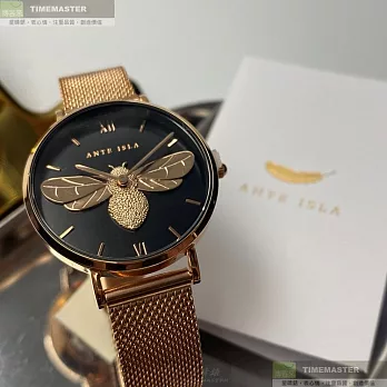 ANTE ISLA法式風情精品錶,編號：AI00001,32mm圓形玫瑰金精鋼錶殼黑色錶盤精鋼玫瑰金色錶帶