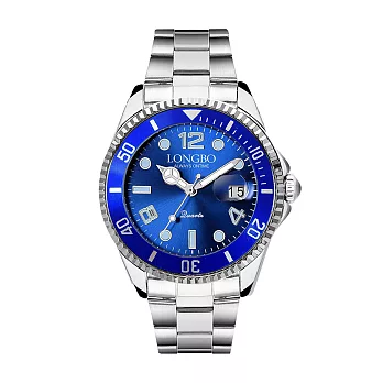 LONGBO龍波 80430時尚經典水鬼系列夜光指針鋼帶手錶- 銀藍