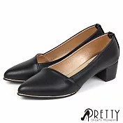 【Pretty】女 中跟鞋 粗跟 尖頭 素面 金邊 OL通勤 上班 台灣製 JP22.5 黑色