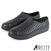 【Pretty】男女 洞洞鞋 雨鞋 休閒鞋 一體成形 透氣 孔洞 防水 平底 台灣製 EU41 黑色