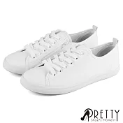 【Pretty】女 休閒鞋 素面 綁帶 側拉鍊 平底 台灣製 JP23 白色