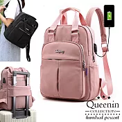 DF Queenin日韓 - 輕盈休閒USB充電防盜雙肩包 -共4色 淺粉色