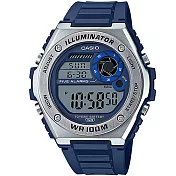 【CASIO】重工業風金屬錶圈電子錶-藍X銀框(MWD-100H-2A)