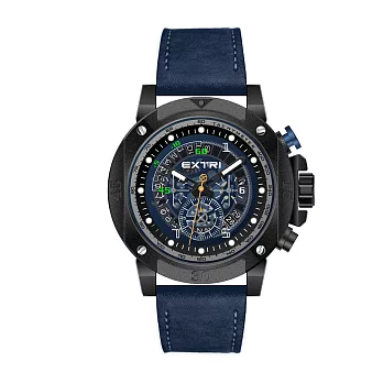 EXTRI Plus X7004 工業齒輪風真三眼男士皮帶手錶- 黑藍
