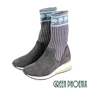 【GREEN PHOENIX】女 襪靴 短靴 長靴 蘋果 針織 牛麂皮 異材質拼接 套襪式 厚底 EU39 灰色