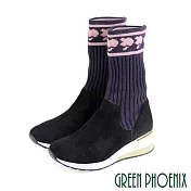 【GREEN PHOENIX】女 襪靴 短靴 長靴 蘋果 針織 牛麂皮 異材質拼接 套襪式 厚底 EU36 黑色