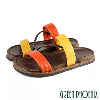 【GREEN PHOENIX】女 拖鞋 手工 撞色 一字帶 全真皮 平底 台灣製 EU36 橙色