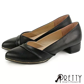 【Pretty】女 低跟鞋 反摺 斜口 金邊 尖頭 粗跟 台灣製 JP22.5 黑色