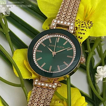 ANNE KLEIN安妮克萊恩精品錶,編號：AN00086,30mm圓形玫瑰金精鋼錶殼祖母綠錶盤精鋼玫瑰金色錶帶