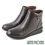 【GREEN PHOENIX】女 短靴 馬靴 全真皮 小坡跟 垂墜水鑽 翻領 台灣製 JP24 咖啡色70