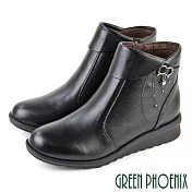 【GREEN PHOENIX】女 短靴 馬靴 全真皮 小坡跟 垂墜水鑽 翻領 台灣製 JP23.5 黑色69