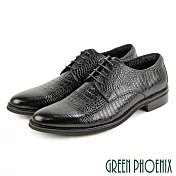 【GREEN PHOENIX】男 紳士皮鞋 商務皮鞋 德比鞋 鱷魚紋 壓花 綁帶 全真皮 EU43 黑色
