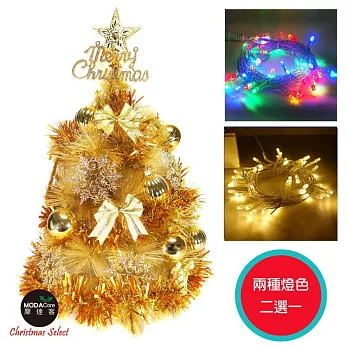 【摩達客】台灣製2尺(60cm)特級金色松針葉聖誕樹 (雙金色配件)+LED50燈燈串(插電式透明線)  (本島免運費)暖白光
