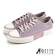 【Pretty】女 休閒鞋 餅乾鞋 布鞋 撞色 綁帶 平底 EU39 紫色