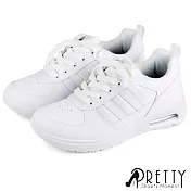 【Pretty】女 休閒鞋 雙線條 綁帶 內增高 氣墊 平底 台灣製 JP23 白色