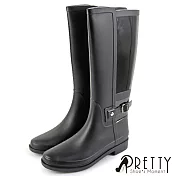 【Pretty】素面簡約拼接金屬皮帶扣長筒雨靴EU36黑色