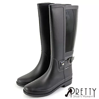【Pretty】女 雨靴 雨鞋 長筒 素面 拼接 皮帶釦 防水 EU36 黑色