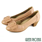 【GREEN PHOENIX】女 中跟鞋 蝴蝶結 花飾扣 深口 全真皮 方頭 粗跟 OL通勤 上班 面試 EU35 杏色
