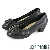 【GREEN PHOENIX】女 中跟鞋 蝴蝶結 花飾扣 深口 全真皮 方頭 粗跟 OL通勤 上班 面試 EU35 黑色