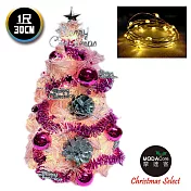 摩達客耶誕_台製迷你1尺(30cm)裝飾粉紅色聖誕樹（粉紫銀松果系)+LED20燈銅線燈(暖白光/USB電池兩用充電)本島免運費