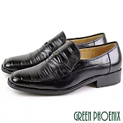 【GREEN PHOENIX】男 商務皮鞋 紳士皮鞋 復古 雙色壓紋 木跟 全真皮 US7 黑色