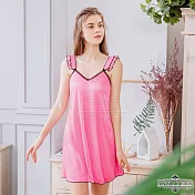 【Annabery】大尺碼 法式浪漫粉紅緞面V領荷葉邊性感睡衣FREE粉