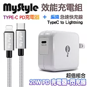 MyStyle 20W Type-C 輸出PD閃充充電器+MyStyle Type-C to Lightning 耐彎折編織PD傳輸充電線-白
