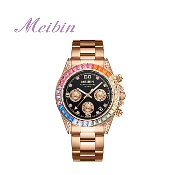 MEIBIN 美賓 M1481M 時尚玫瑰金鑲鑽彩虹外圈三眼計時手錶- 黑面