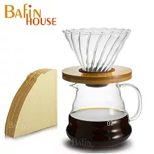 【Bafin House】1~4人份V60竹木托盤玻璃濾杯及雲朵咖啡壺+HARIO 無漂白濾紙100張