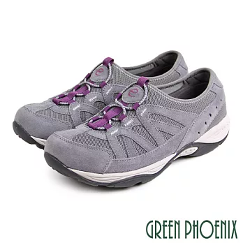 【GREEN PHOENIX】女 運動鞋 休閒鞋 輕量 撞色線條 彈性萊卡 直套式 US7 灰色