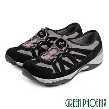 【GREEN PHOENIX】女 運動鞋 休閒鞋 輕量 撞色線條 彈性萊卡 直套式 US7 黑色