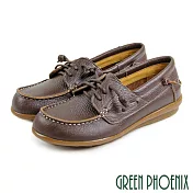 【GREEN PHOENIX】女 休閒鞋 素面 直套式 全真皮 平底 EU35 咖啡色