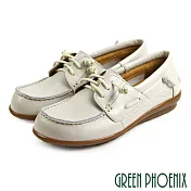 【GREEN PHOENIX】女 休閒鞋 素面 直套式 全真皮 平底 EU38 米色