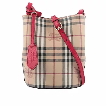 BURBERRY Haymarket格紋皮革斜背水桶包 (紅色)