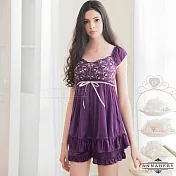 【Annabery】大尺碼 浪漫紫蕾絲小蓋袖緞面套裝短褲睡衣 FREE 紫