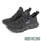【GREEN PHOENIX】男 運動鞋 休閒鞋 素面 飛線編織 輔助鞋帶 直套式 輕量 EU44 黑色