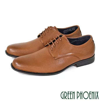 【GREEN PHOENIX】男 紳士皮鞋 商務皮鞋 素食皮革 煙燻 漸層 細格紋 綁帶 EU39 咖啡色