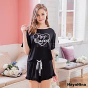 【Naya Nina】居家睡衣 棉質T恤短袖字母短褲套裝睡衣 FREE 黑