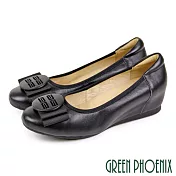 【GREEN PHOENIX】女 娃娃鞋 圓形飾釦 深口 全真皮 內增高 OL通勤 上班 面試 EU39 黑色