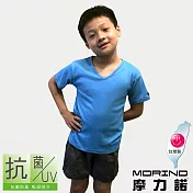 【MORINO】兒童抗菌防臭短袖V領衫 L 水藍