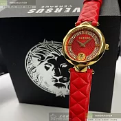 VERSUS VERSACE凡賽斯精品錶,編號：VV00181,32mm圓形金色精鋼錶殼紅色錶盤真皮皮革紅錶帶